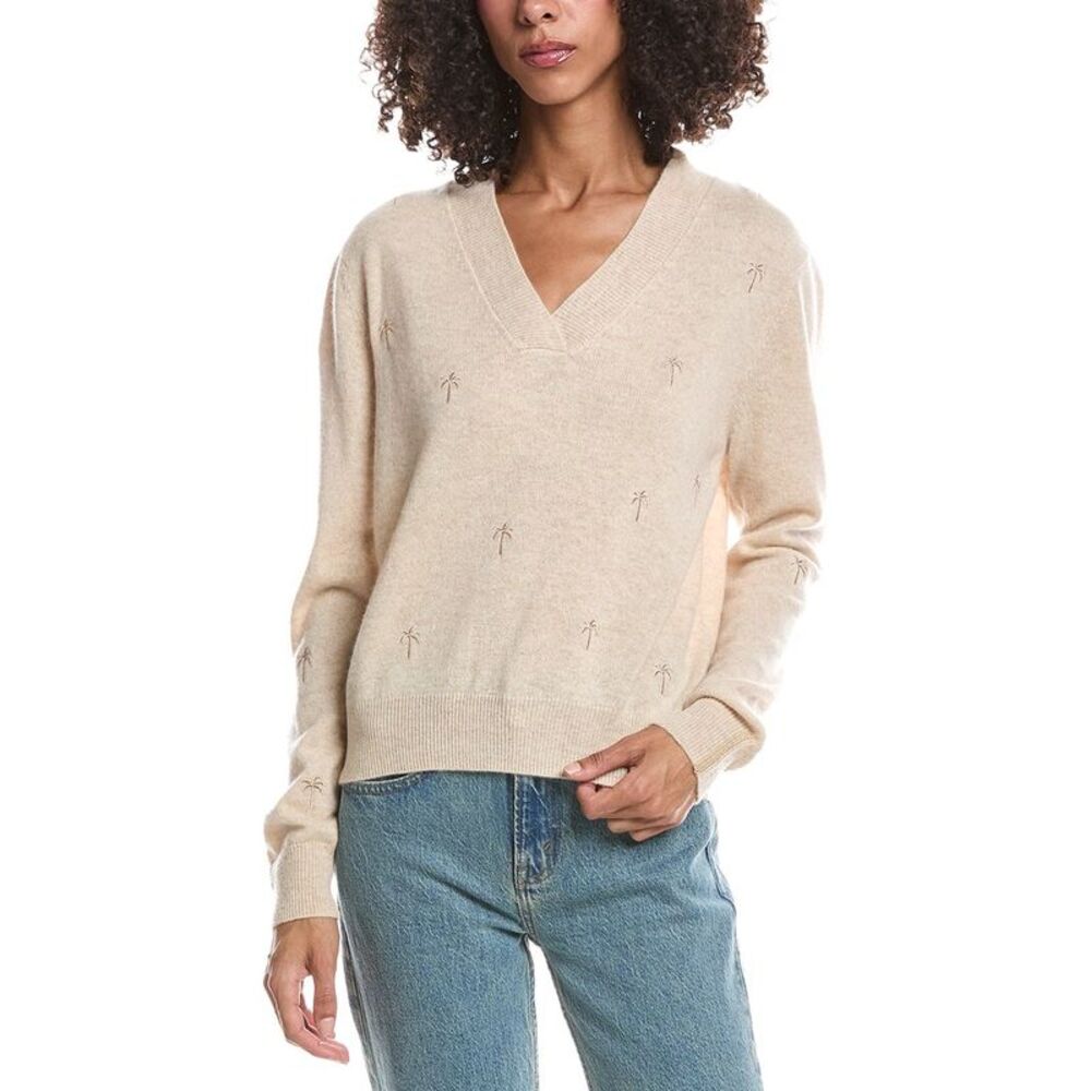 Brodie Cashmere Womens  Embroidered V-Neck 100% Cashmere Sweater, Tan